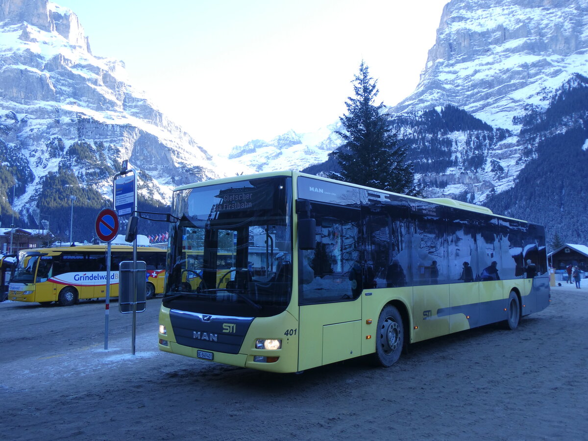 (271'314) - STI Thun - Nr. 401/BE 849'401 - MAN am 18. Januar 2025 beim Bahnhof Grindelwald