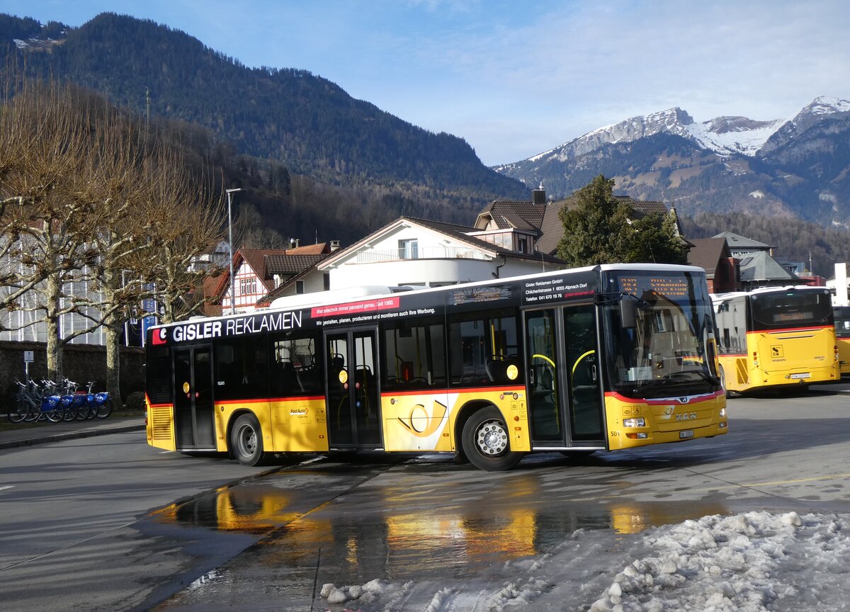 (271'448) - PostAuto Zentralschweiz - Nr. 501/OW 10'001/PID 10'265 - MAN (ex Nr. 9; ex Dillier, Sarnen Nr. 9) am 24. Januar 2025 beim Bahnhof Sarnen