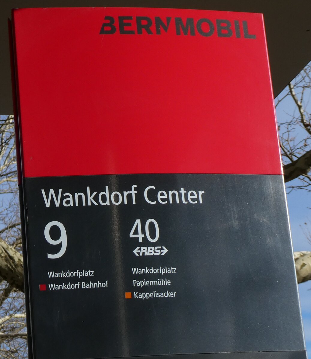 (271'458)  BERNMOBIL-Haltestellenschild - Bern, Wankdorf Center - am 25. Januar 2025