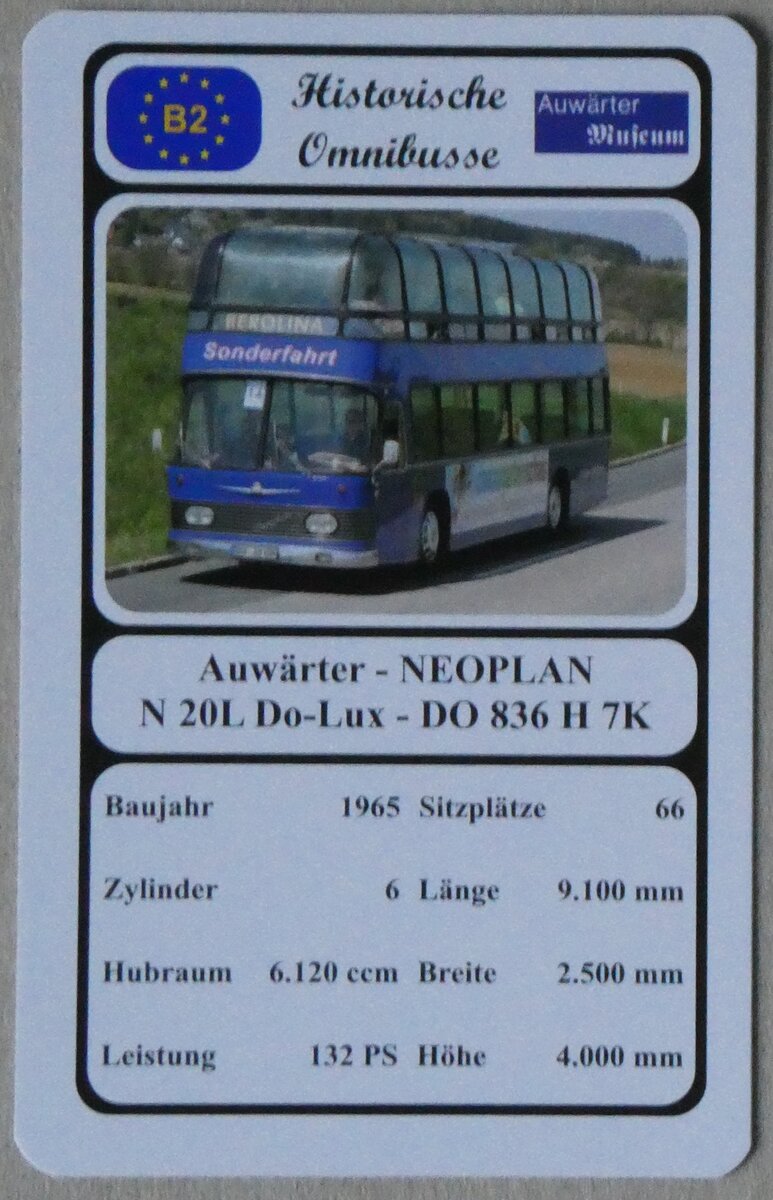 (271'468) - Quartett-Spielkarte mit Auwrter - NEOPLAN N 20L Do-Lux - DO 836 H 7K von 1965 am 26. Januar 2025 in Thun