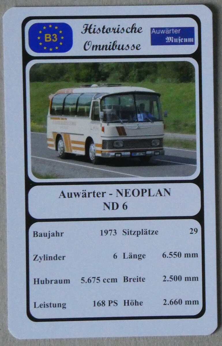 (271'469) - Quartett-Spielkarte mit Auwrter - Neoplan ND 6 von 1973 am 26. Januar 2025 in Thun