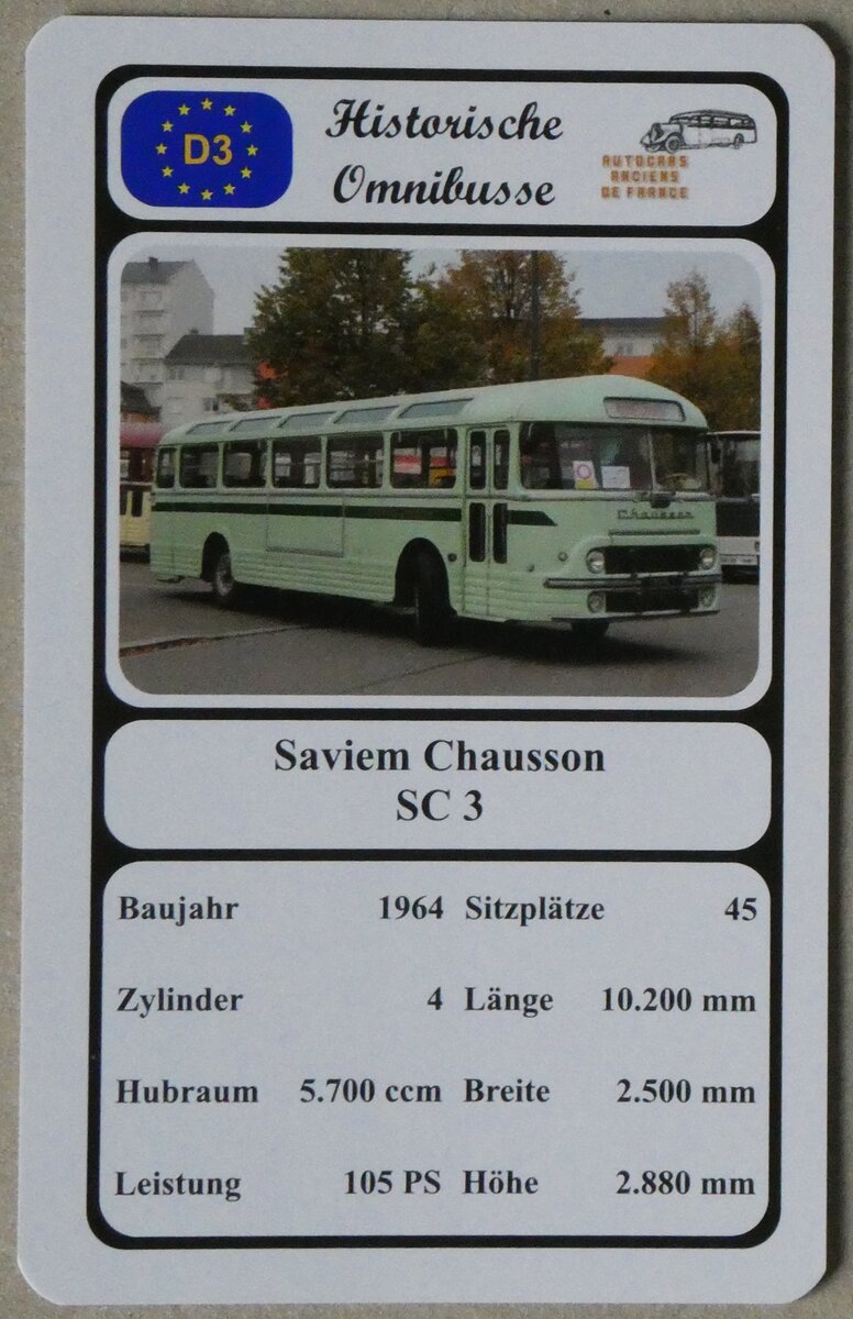 (271'820) - Quartett-Spielkarte mit Saviem Chausson SC 3 von 1964 am 9. Februar 2025 in Thun