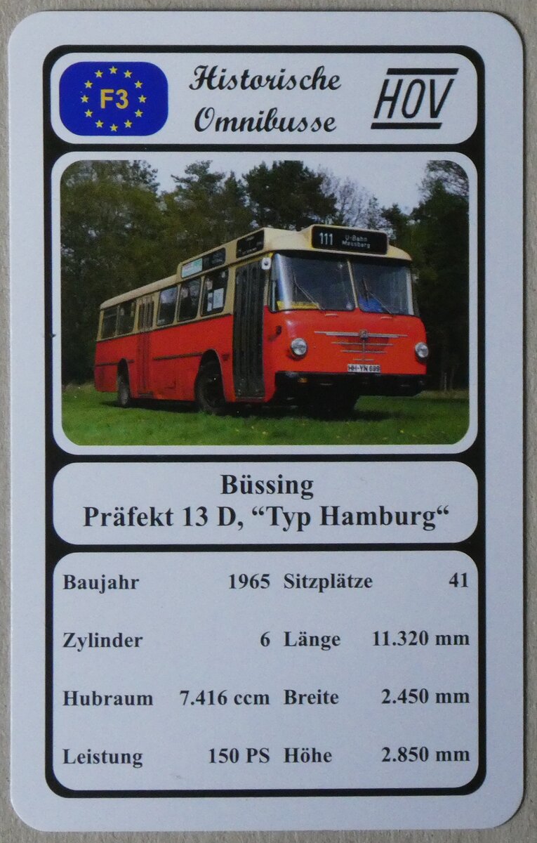 (274'092) - Quartett-Spielkarte mit Bssing Prfekt 13 D,  Typ Hamburg  von 1965 am 20. April 2025 in Thun