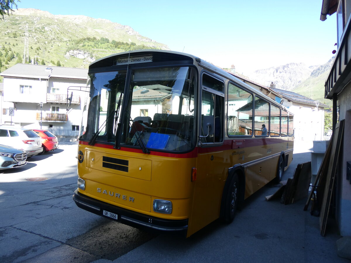 (277'064) - Gaudenz, Andeer - GR 1866 - Saurer/R&J (ex Mark, Andeer PID 2824; ex PostAuto Graubnden; ex P 24'350) am 19. Juni 2025 in Bivio, Hotel Solaria