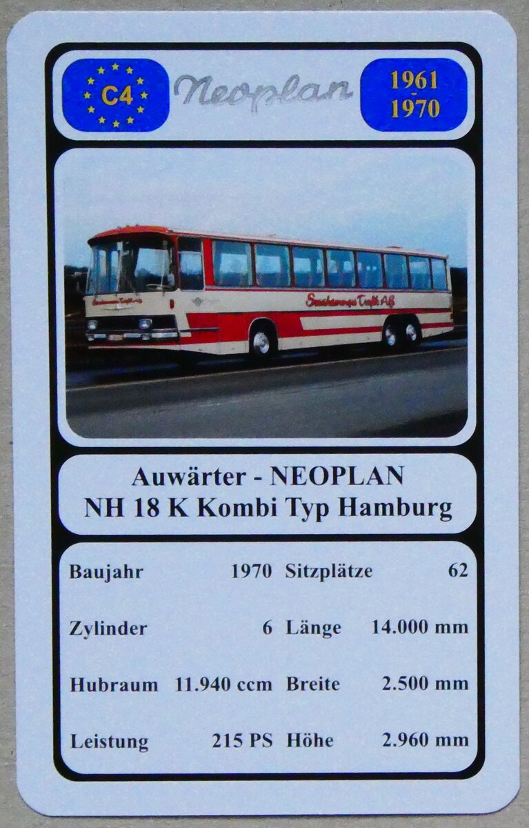 (279'130) - Quartett-Spielkarte mit Auwrter - NEOPLAN NH 18 K Kombi Typ Hamburg von 1970 am 17. August 2025 in Thun