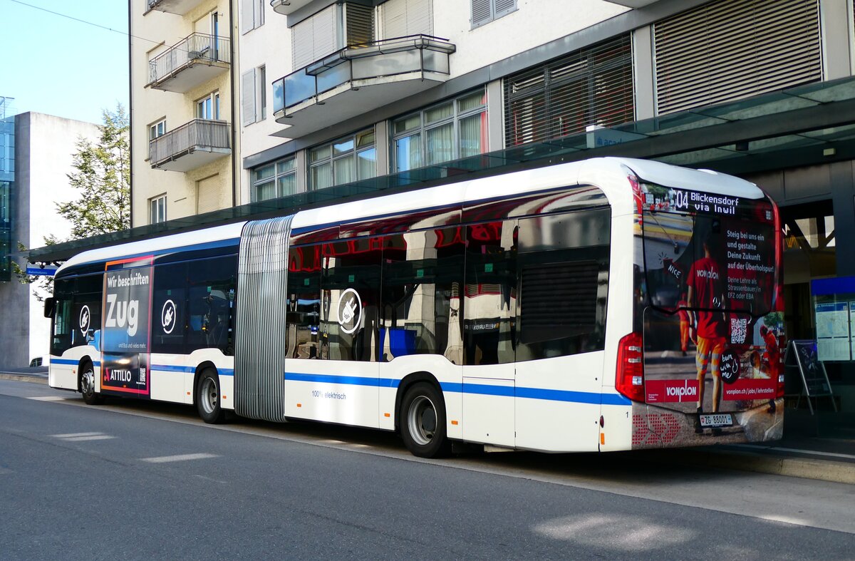 (279'420) - ZVB Zug - Nr. 1/ZG 88'001 - eMercedes am 26. August 2025 beim Bahnhof Zug