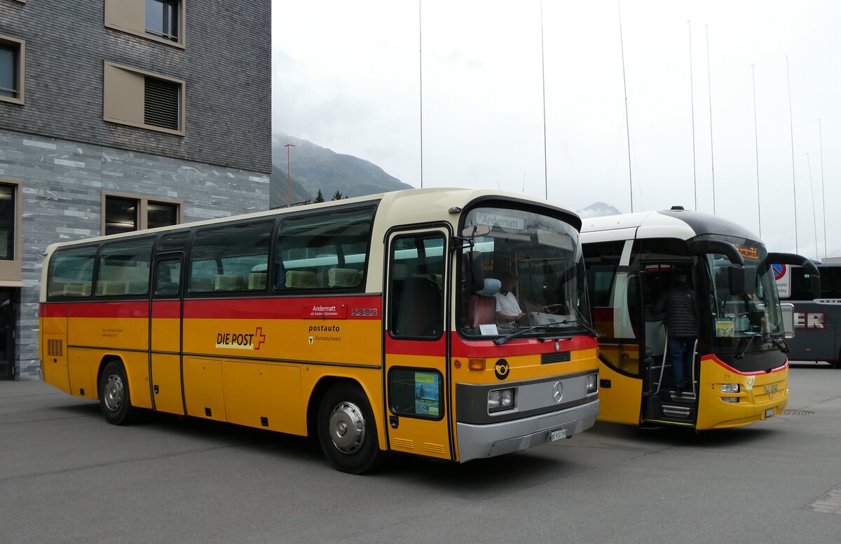 (280'071) - Buzzi, Bern - BE 910'789 - Mercedes (ex Mattli, Wassen/PID 2295) am 8. September 2025 in Andermatt, Bahnhofplatz