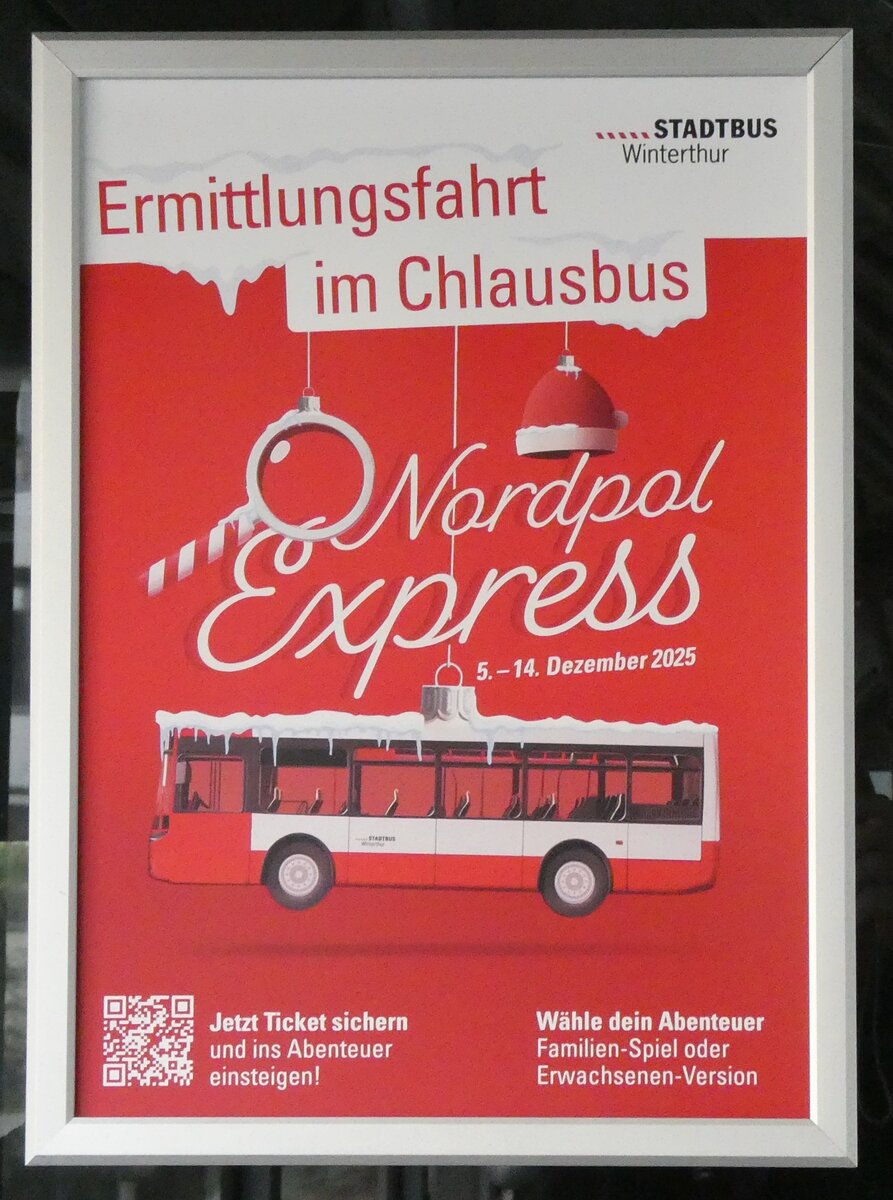 (282'437) - Plakat f�r Chlausbus Nordpol Express am 15. November 2025 beim Bahnhof Winterthur W�lflingen 