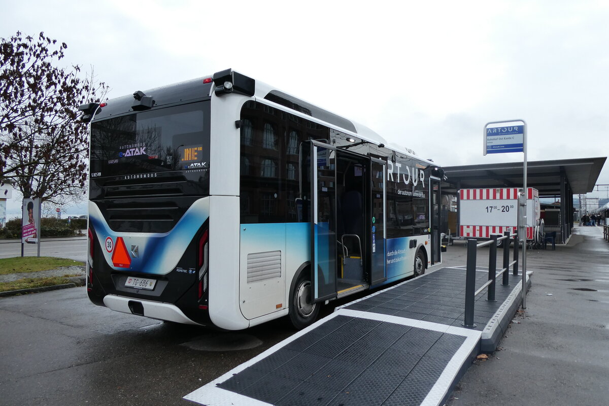 (282'768) - TGA, Arbon (Eurobus) - TG 686 - eKarsan am 5. Dezember 2025 beim Bahnhof Arbon