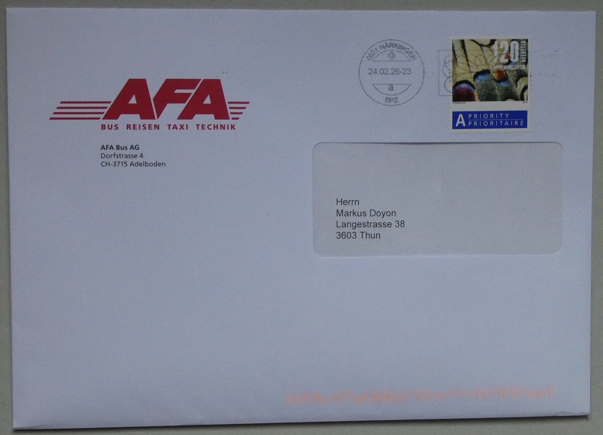 (285'181) - AFA-Briefumschlag vom 24. Februar 2026 am 2. M�rz 2026 in Thun