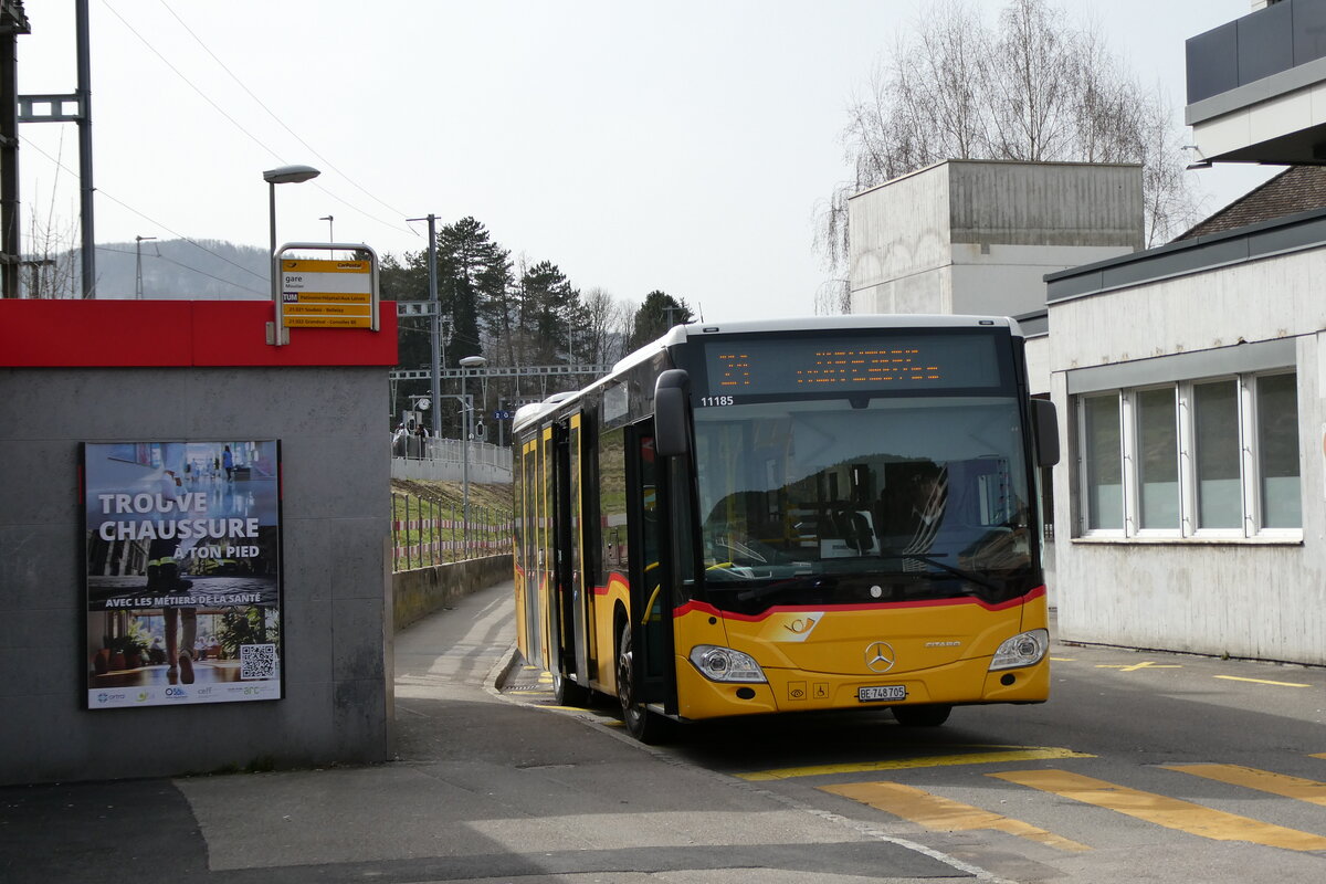 (285'251) - Tobler, Rebeuvelier - BE 748'705/PID 11'185 - Mercedes (ex JU 44'299; ex CarPostal Ouest) am 6. M�rz 2026 beim Bahnhof Moutier