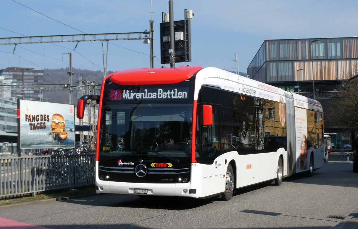 (285'492) - RVBW Wettingen - Nr. 104/AG 56'616 - eMercedes am 19. M�rz 2026 beim Bahnhof Baden