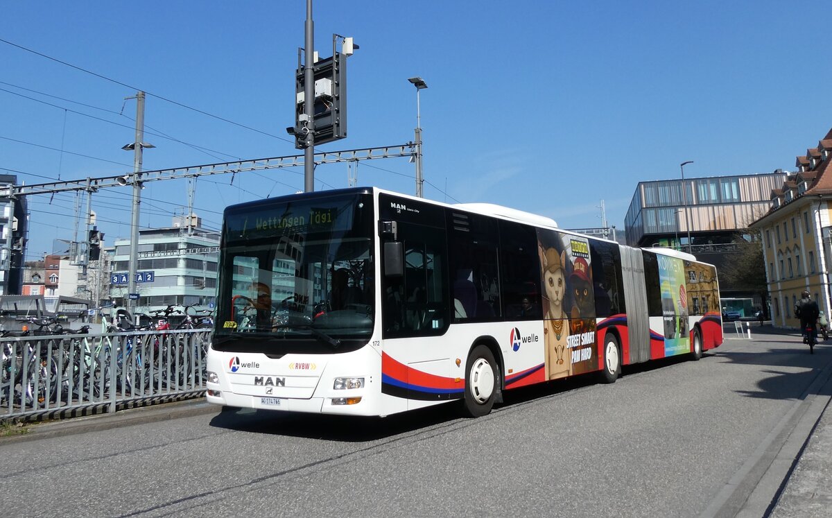 (285'528) - RVBW Wettingen - Nr. 172/AG 174'766 - MAN (ex SBC Chur Nr. 98) am 19. M�rz 2026 beim Bahnhof Baden