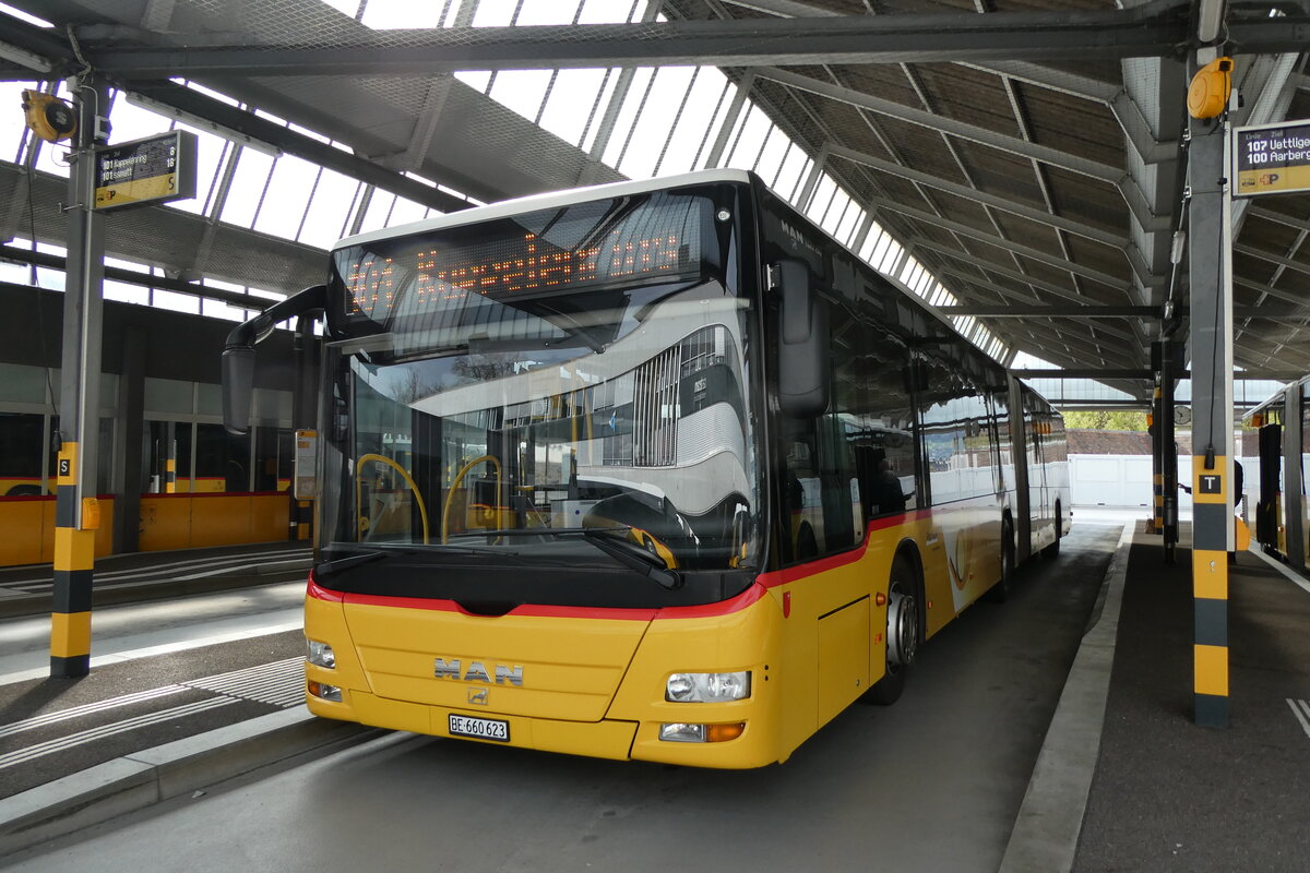 (286'050) - PostAuto Bern - BE 660'623/PID 4818 - MAN (ex PostAuto Ostschweiz TG 158'213; ex PostAuto Graub�nden; ex PostAuto Ostschweiz SZ 68'458; ex PostAuto Ostschweiz SZ 44'040; ex Kistler, Reichenburg) am 10. April 2026 in Bern, Postautostation