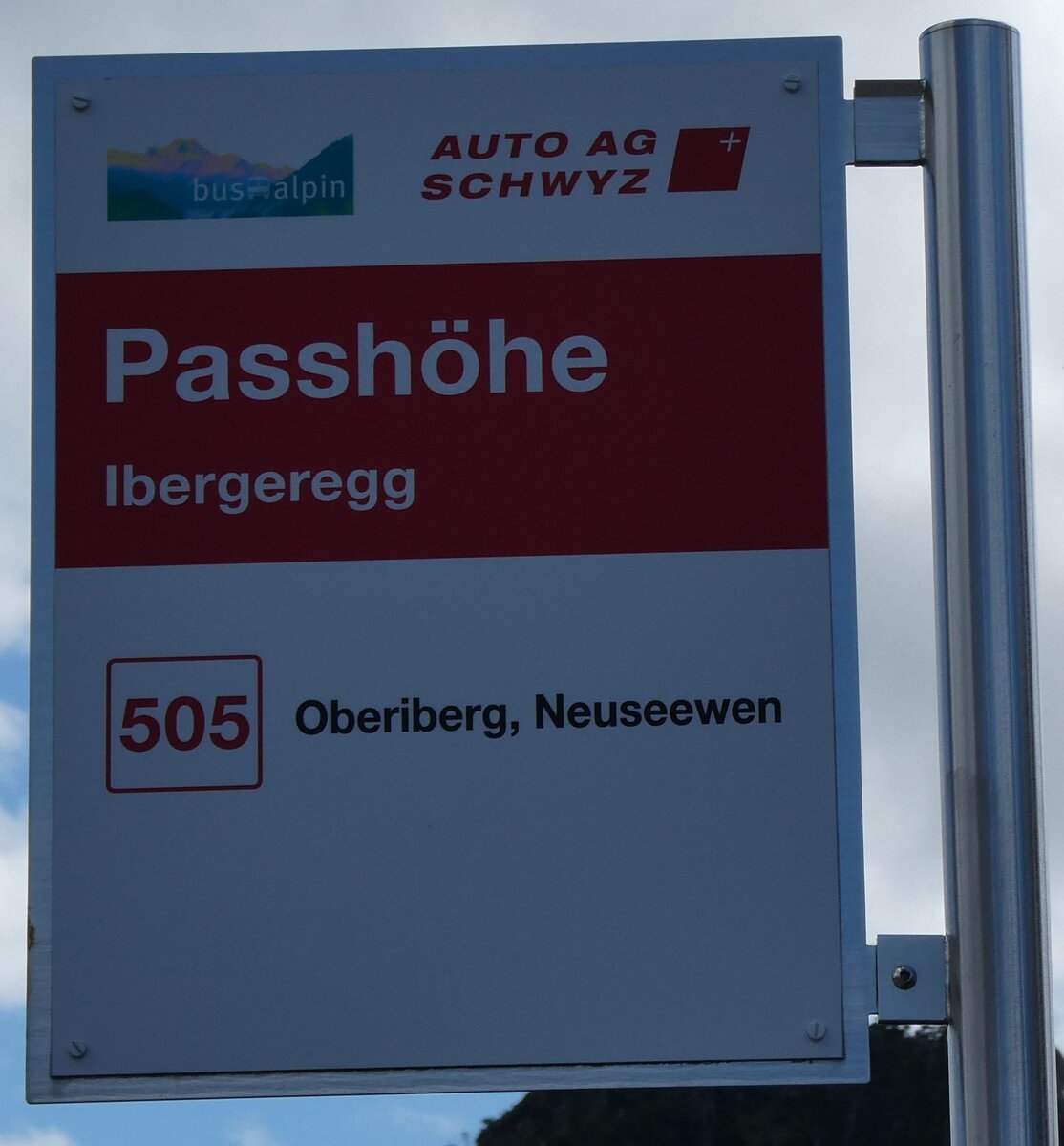 (286'907) - AUTO AG SCHWYZ-Haltestellenschild - Ibergeregg, Passh�he - am 9. Mai 2026