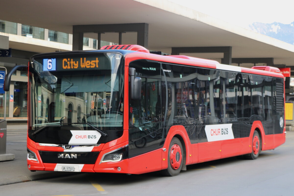 Chur Bus, Chur - Nr. 1/GR 97'501 - MAN am 15. Januar 2025 beim Bahnhof Chur (Aufnahme: Martin Beyer)