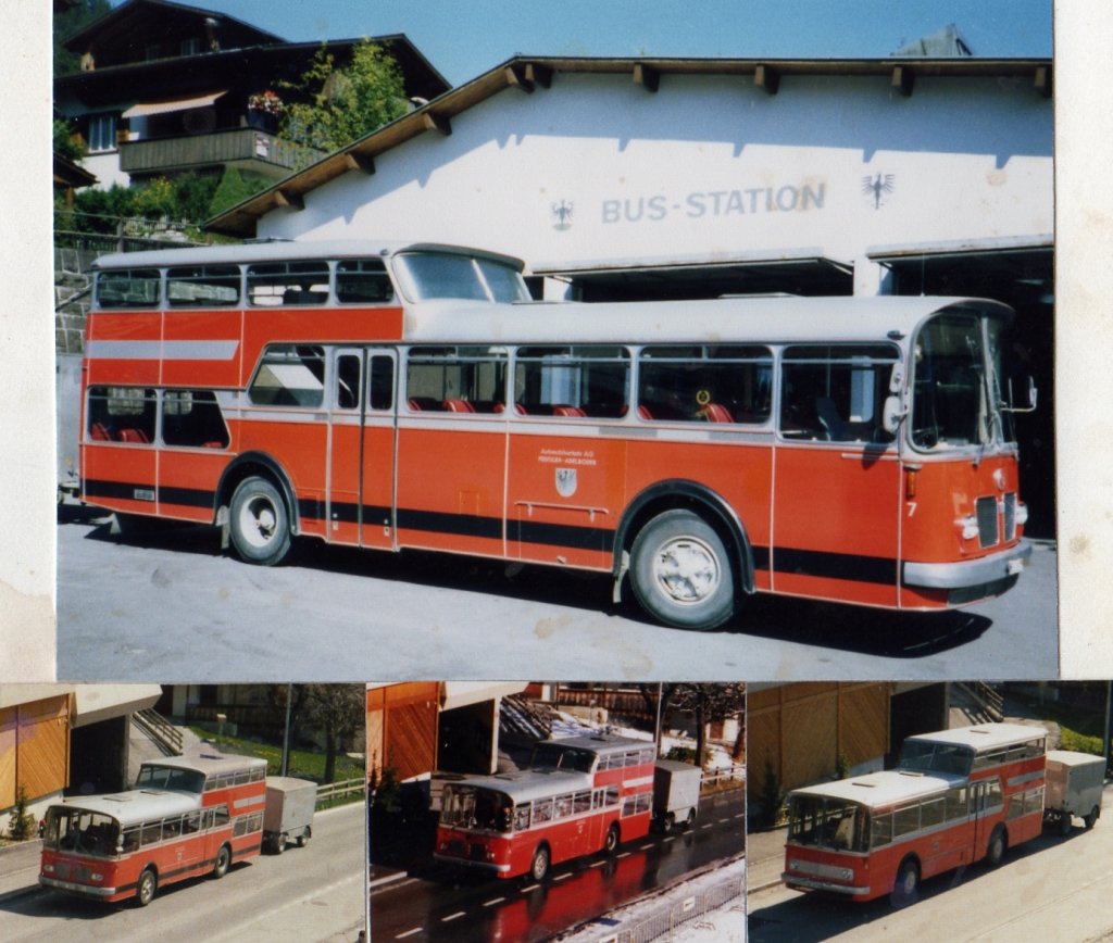 (MD222) - Aus dem Archiv: AFA Adelboden - Nr. 7/BE 26'707 - FBW/Vetter-R&J Anderthalbdecker im September 1987 beim Autobahnhof Adelboden + Nr. 9/BE 19'692 - FBW/Vetter-R&J Anderthalbdecker im Mai 1986 in Adelboden, Landstrasse + Nr. 4/BE 26'704 - FBW/Vetter-R&J Anderthalbdecker im Januar 1988 in Adelboden, Landstrasse + Nr. 6/BE 26'706 - FBW/Vetter-R&J Anderthalbdecker im Mai 1986 in Adelboden, Landstrasse