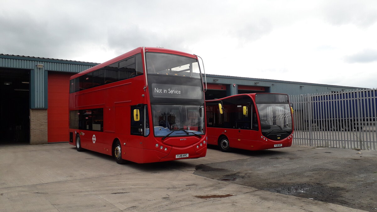 Photographed today, 11th August 2021 at Switch Mobility (Optare), Rotherham, are two buses from 2019, both being fully electric.
YJ19 HVC is a Switch Mobility MetroDecker, seating H41/22D, new to Metroline, London, and allocated fleet number OME2652.  Also used by Switch/Optare as a demonstrator.

YJ19 HUV is a B29F seated Switch Mobility MetroCity, used by Optare/Switch as a demonstrator.