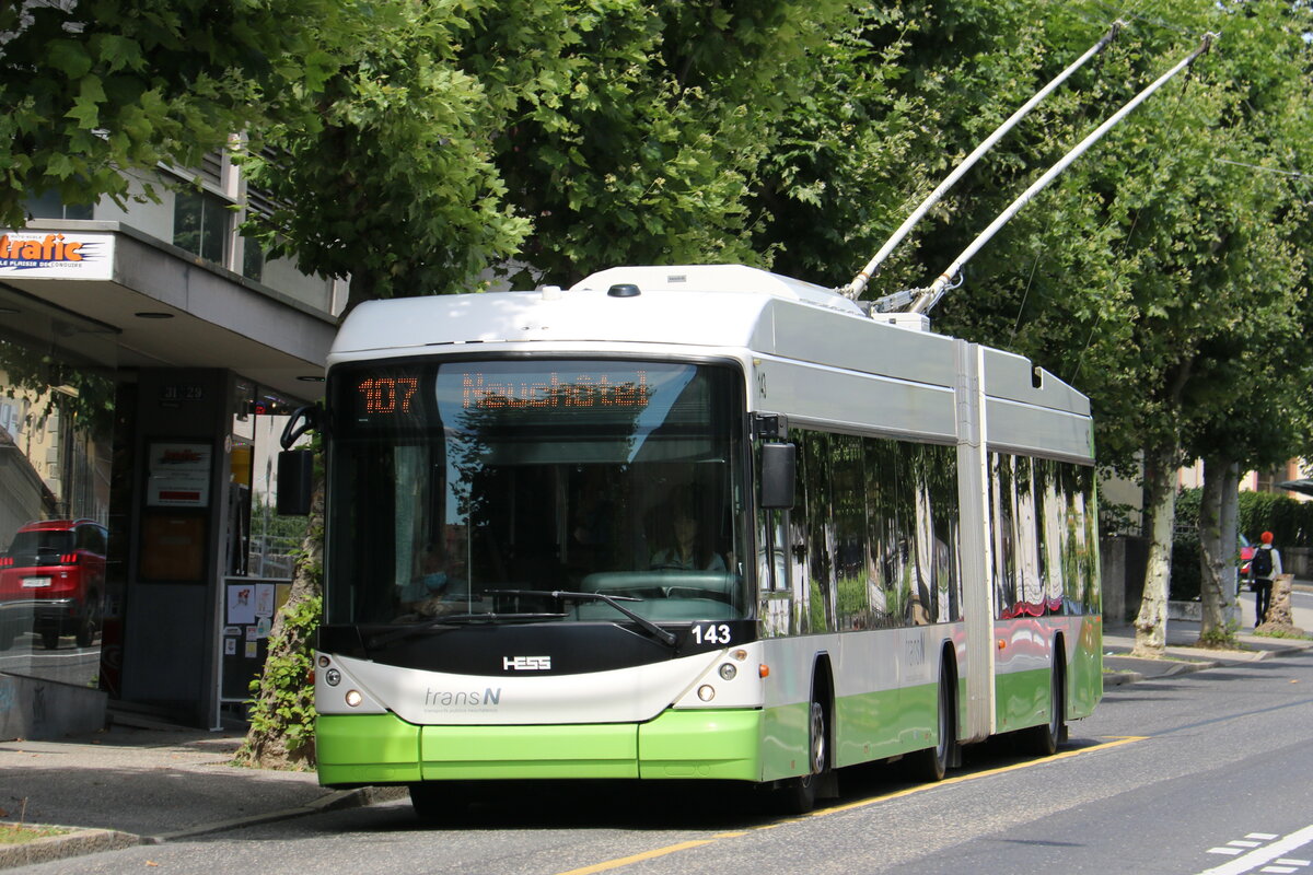 transN, La Chaux-de-Fonds - Nr. 143 - Hess/Hess Gelenktrolleybus (ex TN Neuchtel Nr. 143) am 6. August 2021 in Neuchtel (Aufnahme: Martin Beyer)