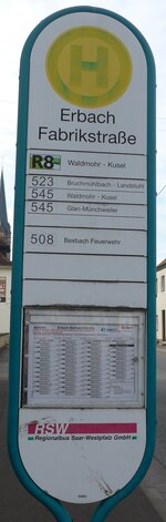 (162'560) - BSW-Haltestellenschild - Erbach, Fabrikstrasse - am 25. Juni 2015