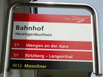 (143'495) - aare seeland mobil-Haltestellenschild - Herzogenbuchsee, Bahnhof - am 16.