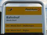 (182'490) - PostAuto-Haltestellenschild - Worb Dorf, Bahnhof - am 2.