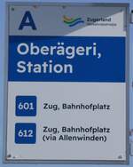 (269'085) - Zugerland Verkehrsbetriebe-Haltestellenschild - Obergeri, Station - am 9.