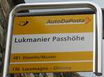 (174'839) - PostAuto-Haltestellenschild - Lukmanier, Passhhe - am 10. September 2016