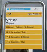 (227'932) - PostAuto-Haltestellenschild - Mesocco, Stazione - am 11.