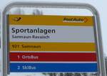 (188'774) - PostAuto/OrtsBus/SkiBus-Haltestellenschild - Samnaun-Ravaisch, Sportanlagen - am 16.