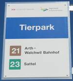 (164'366) - SOB/Zugerland Verkehrsbetriebe-Haltestellenschild - Goldau, Tierpark - am 31.