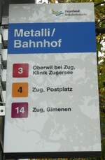 (229'594) - Zugerland Verkehrsbetriebe-Haltestellenschild - Zug, Metalli/Bahnhof - am 22.
