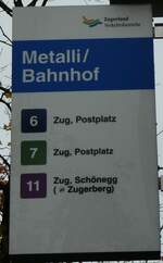 (229'595) - Zugerland Verkehrsbetriebe-Haltestellenschild - Zug, Metalli/Bahnhof - am 22.